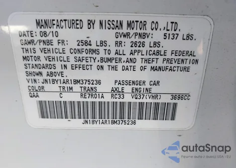 2011 Infiniti M37X z USA, uszkodzony, nr VIN JN1BY1AR1BM375236